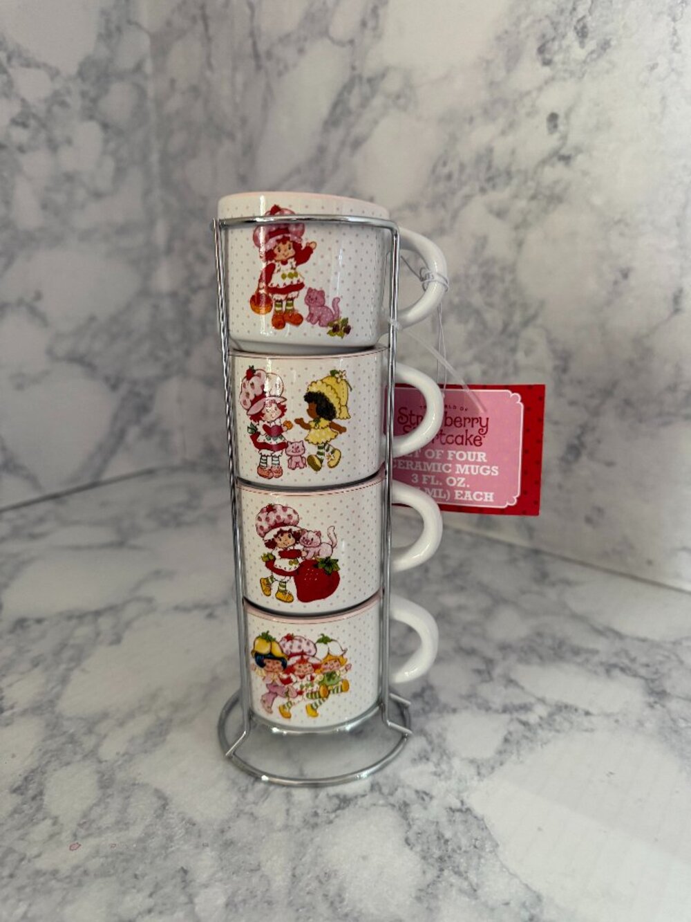 Strawberry Shortcake Ceramic Stackable Mugs – White with Pink Accents (Set of 4)